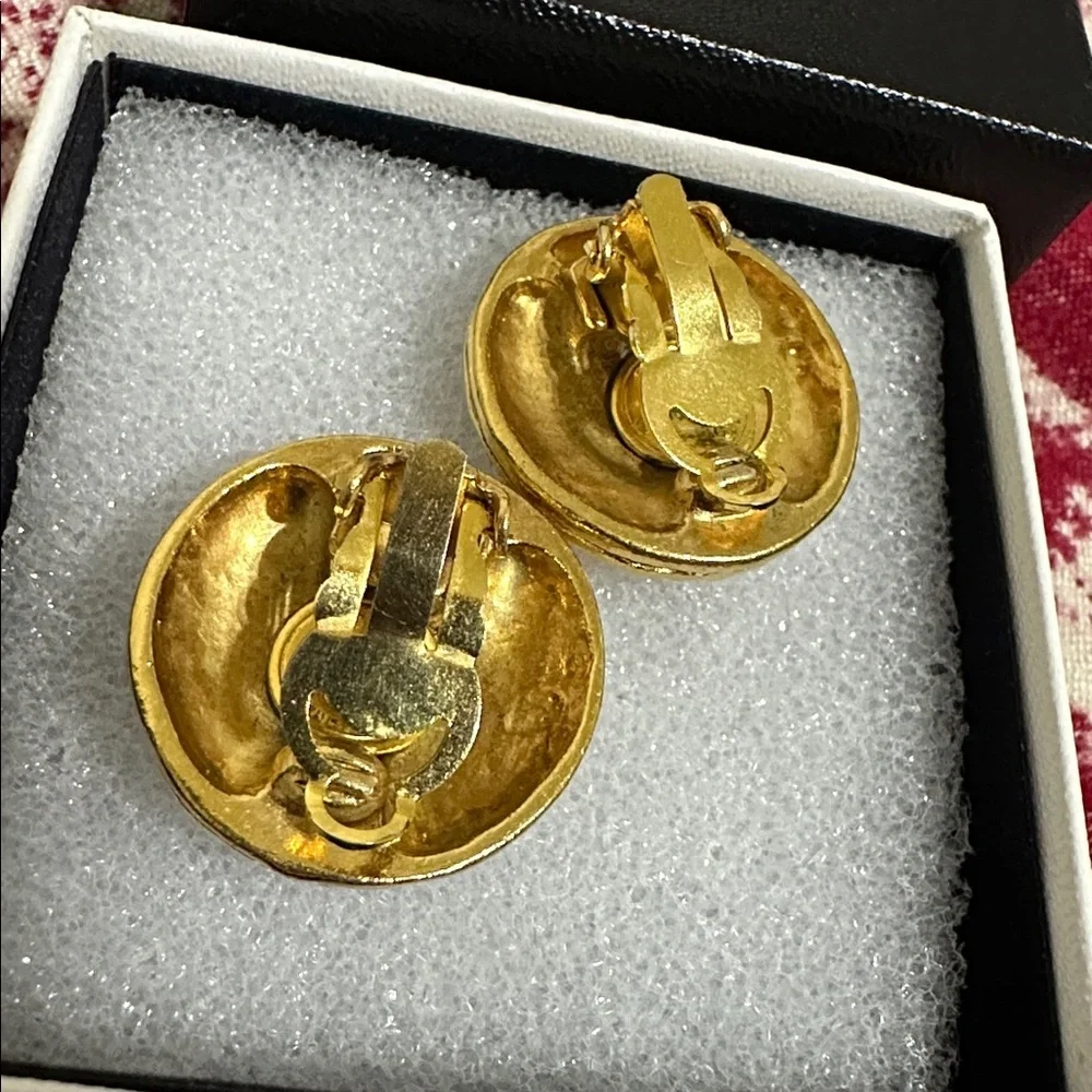 Chanel Gold-Tone Interlocking CC Button Earrings - Picture 5 of 10